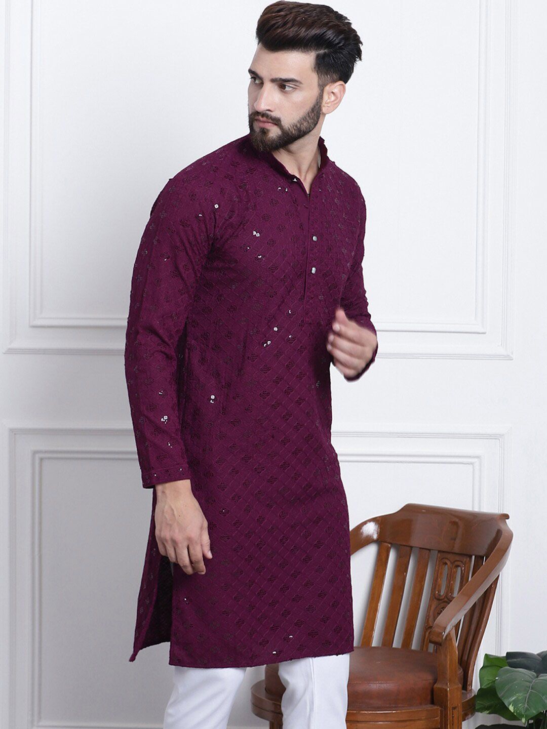 SOJANYA Embellished Mandarin Collar Pure Cotton Kurta