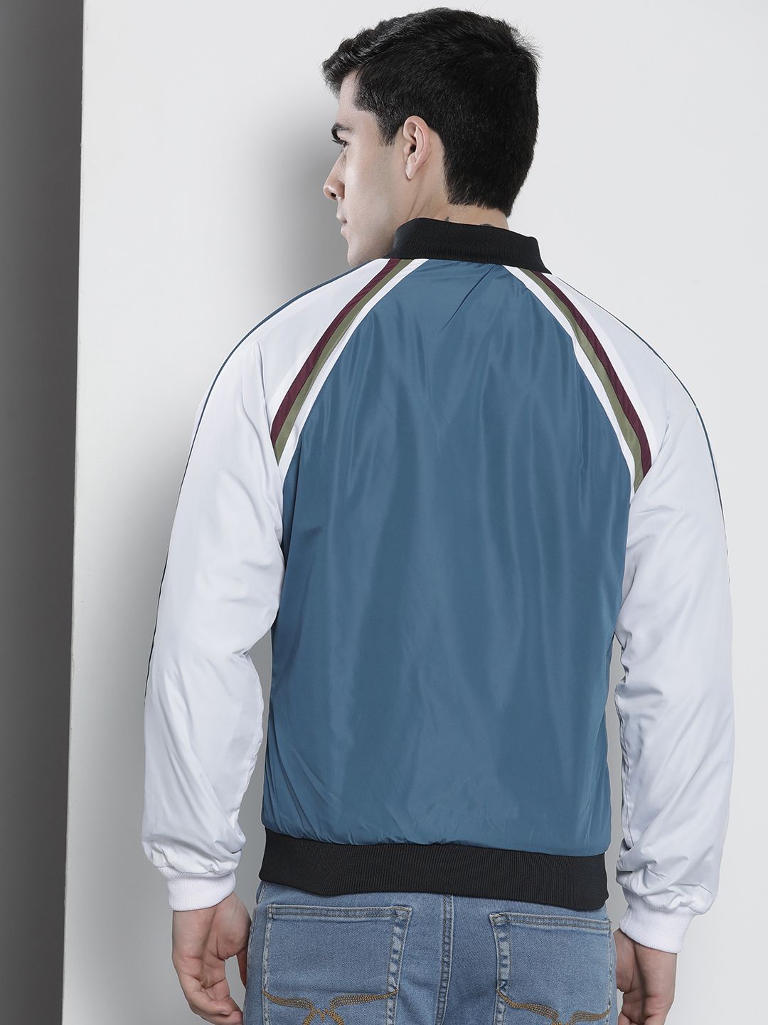 The Indian Garage Co Men Blue White Striped Bomber Jacket