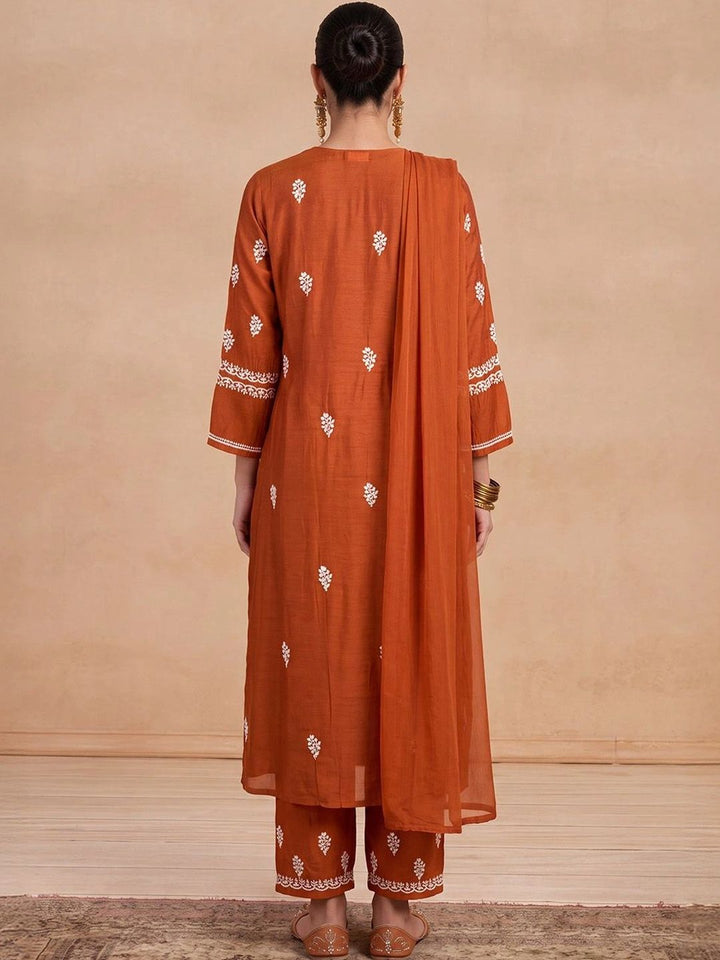 House of Chikankari Women Ethnic Motifs Embroidered Regular Thread Work Chanderi Silk Kurta with Trousers &