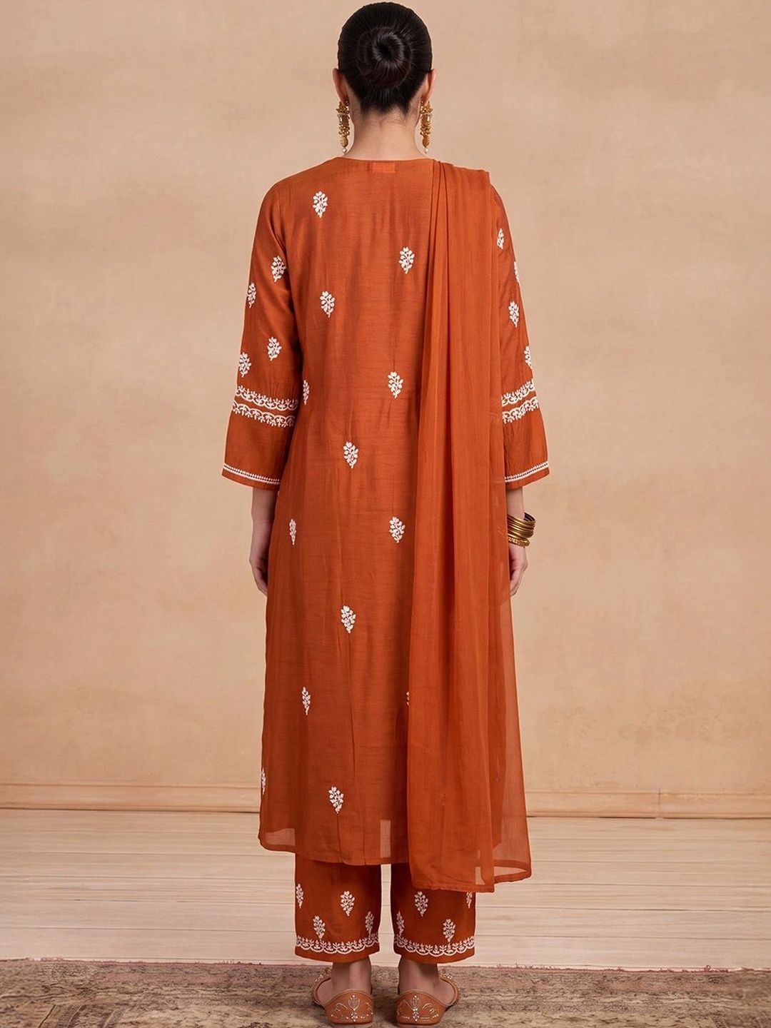 House of Chikankari Women Ethnic Motifs Embroidered Regular Thread Work Chanderi Silk Kurta with Trousers &