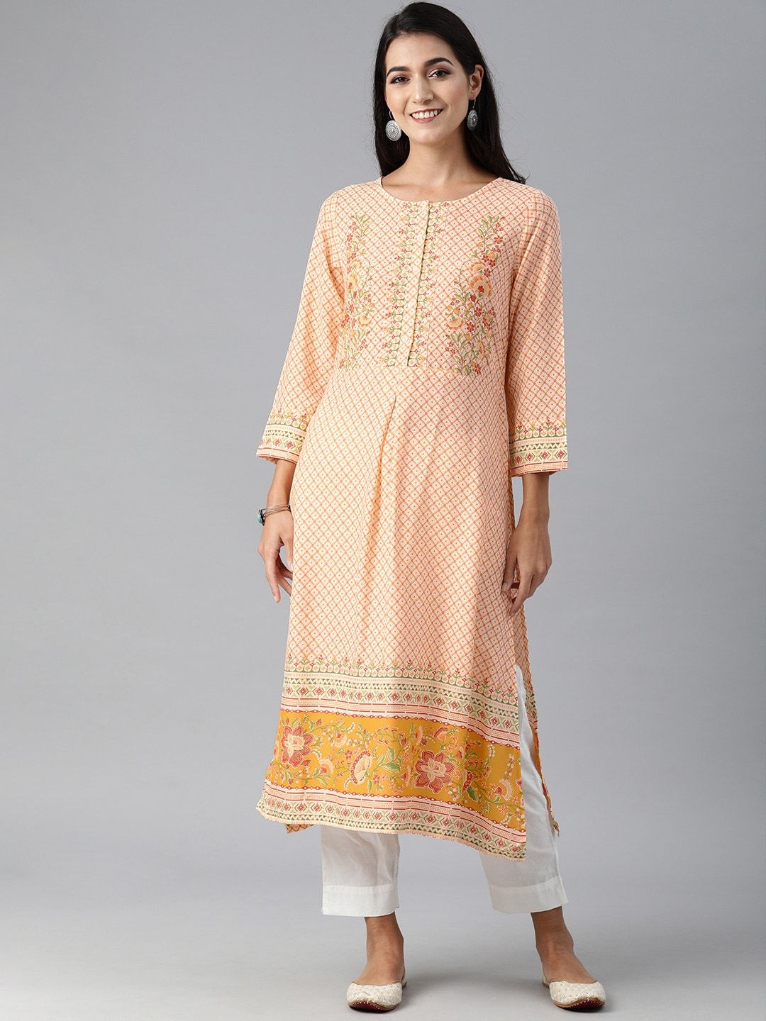 Global Desi Women Cream-Coloured & Orange Geometric Printed Kurta