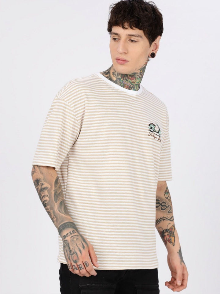 Eszett Drop Shoulder Vintage Ride Cream Striped Embroidered Cotton Round Neck Oversized Fit T-shirt