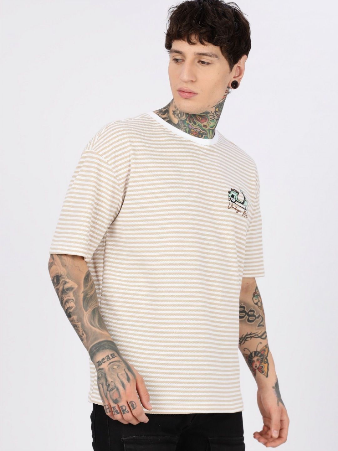 Eszett Drop Shoulder Vintage Ride Cream Striped Embroidered Cotton Round Neck Oversized Fit T-shirt