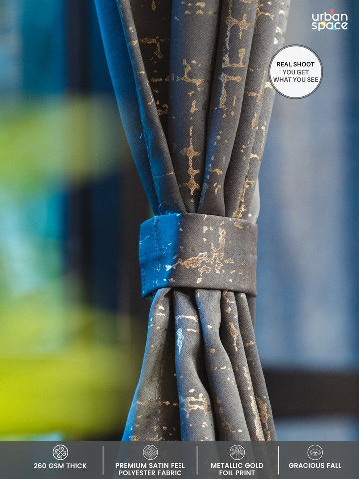 URBAN SPACE Grey & Gold-Toned Black Out Long Door Curtain