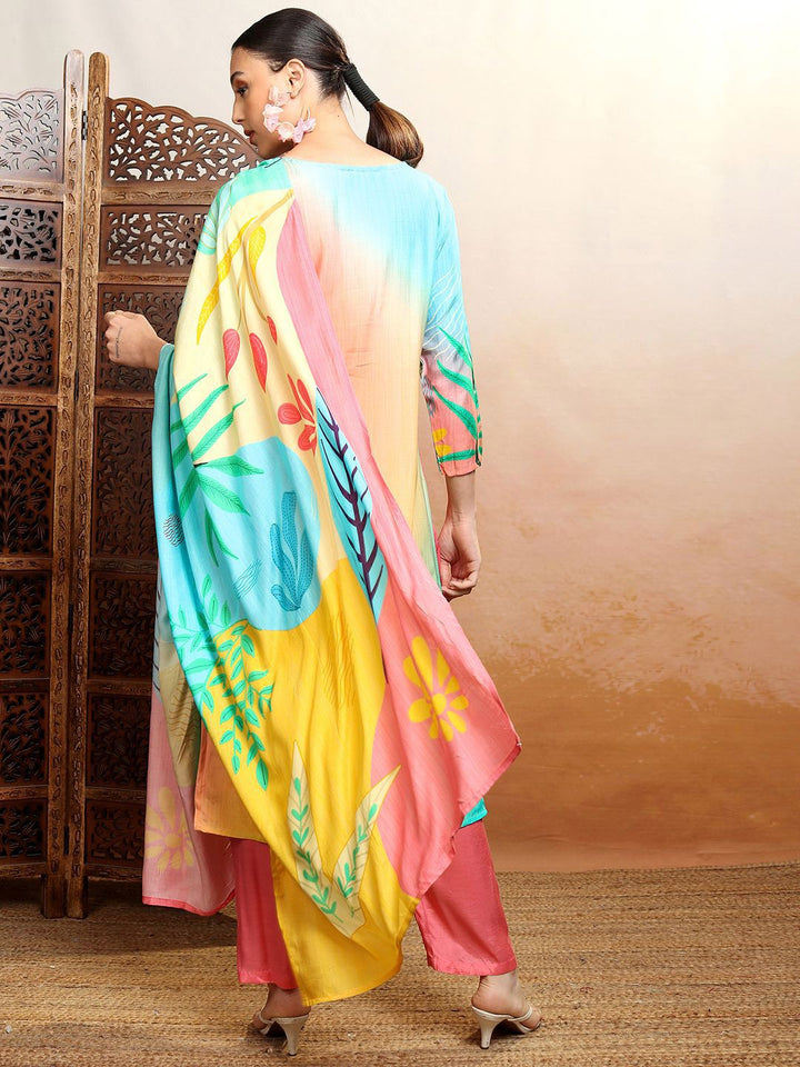 Vishudh Orange Ombre Printed Thread Work Straight Holi Kurta With Trousers & Dupatta