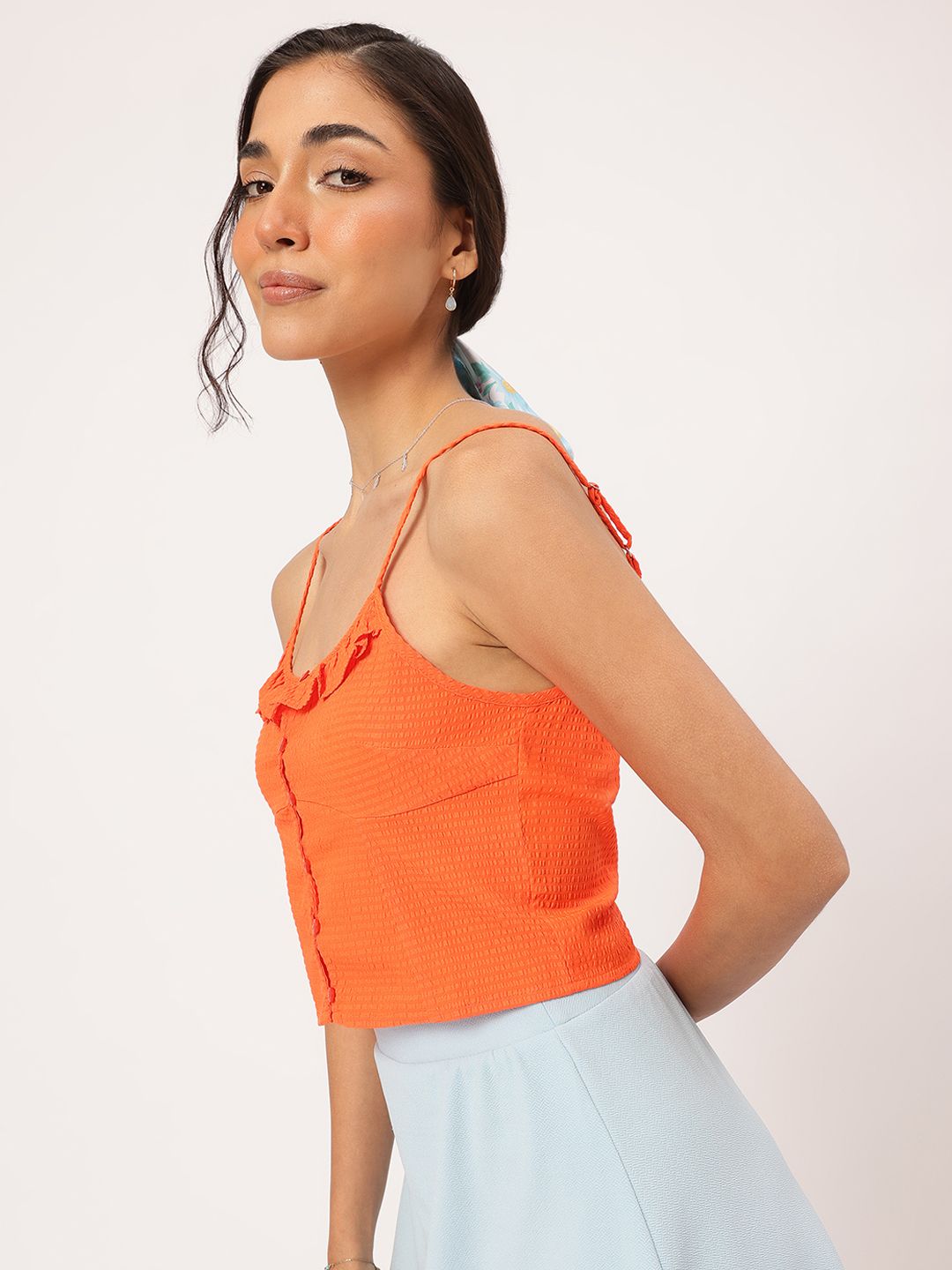 DressBerry Seersucker Sweetheart Ruffled Crop Top