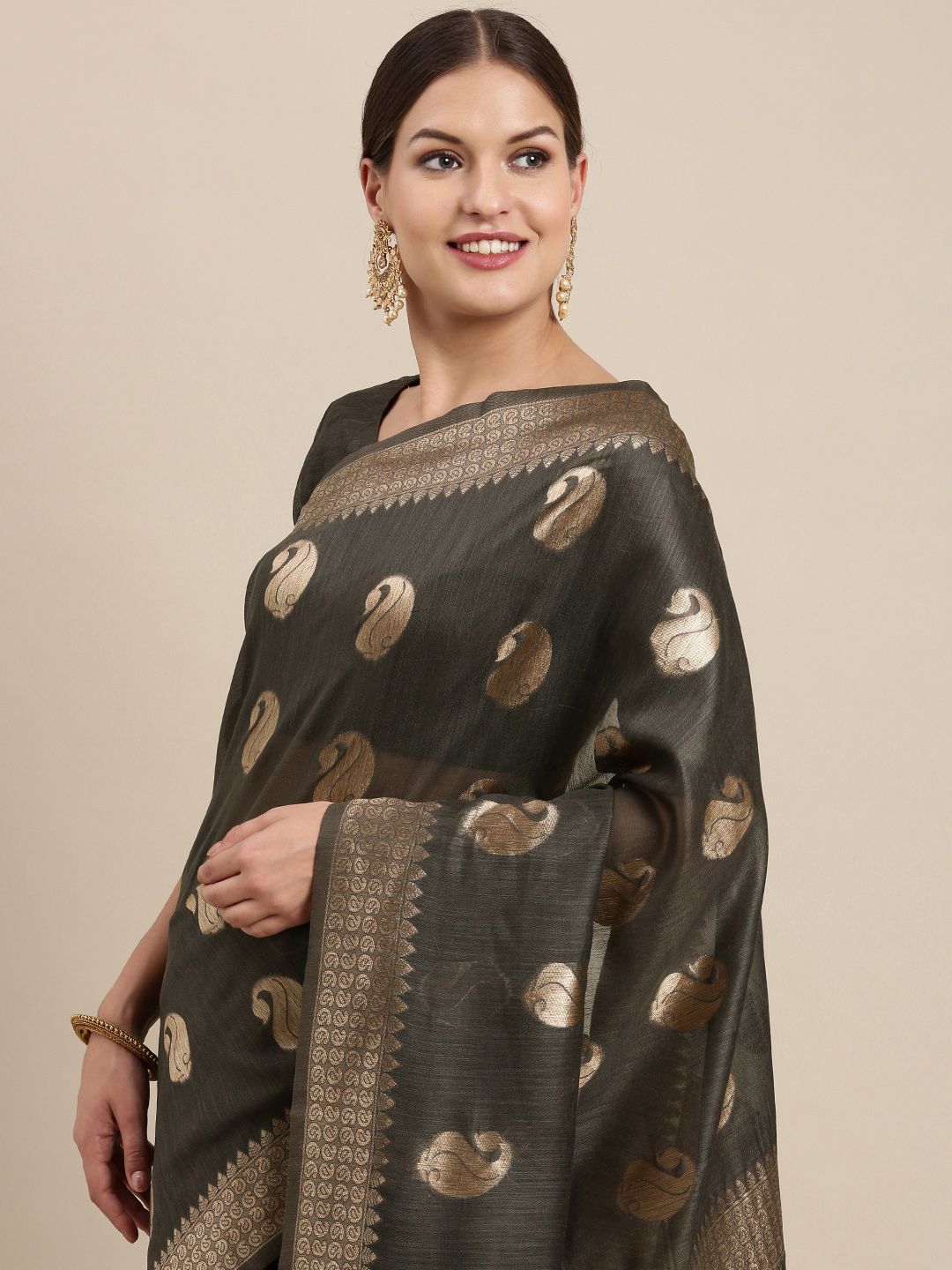 Saree mall Charcoal & Gold-Toned Paisley Linen Blend Sarees