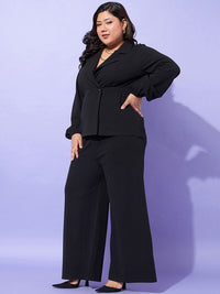 SASSAFRAS Curve Plus Size Lapel Collar Top With Straight Pants Co-Ords