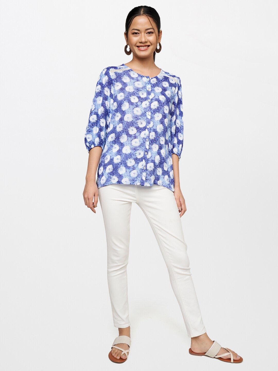 Global Desi Blue Floral Printed Three Quarter Sleeves Top