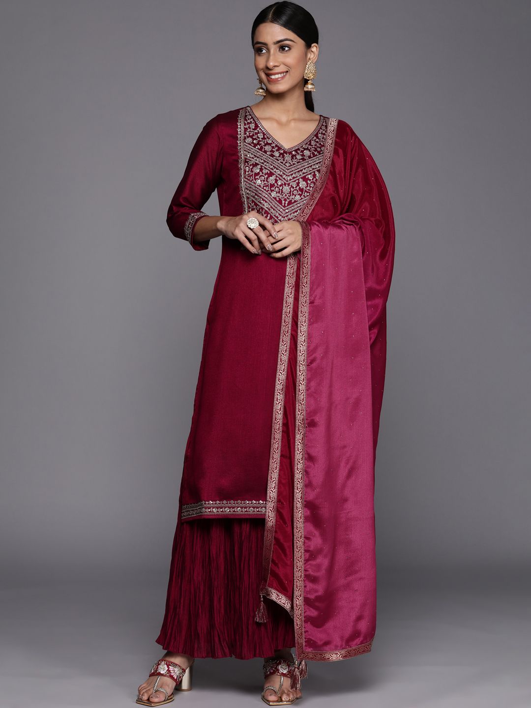 Libas Women Fuchsia Floral Yoke Design Kurta with Sharara & With Dupatta