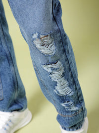 The Indian Garage Co Men Straight Fit Highly Distressed Mid Rise Heavy Fade Cotton Jeans