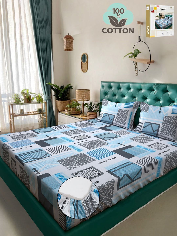 KLOTTHE Book Lipat Biru Geometrik Bercetak Kapas Tulen Double King Cadar & Sarung Bantal