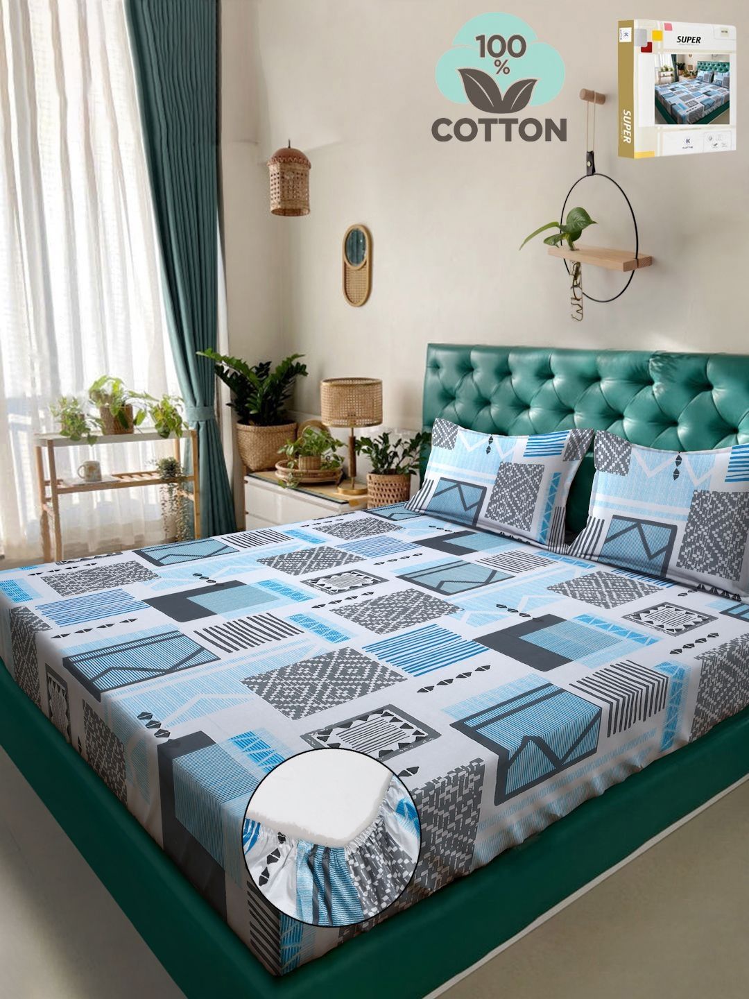 KLOTTHE Book Lipat Biru Geometrik Bercetak Kapas Tulen Double King Cadar & Sarung Bantal
