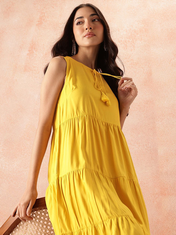 all about you Tie-Up Neck A-Line Tiered Midi Dress