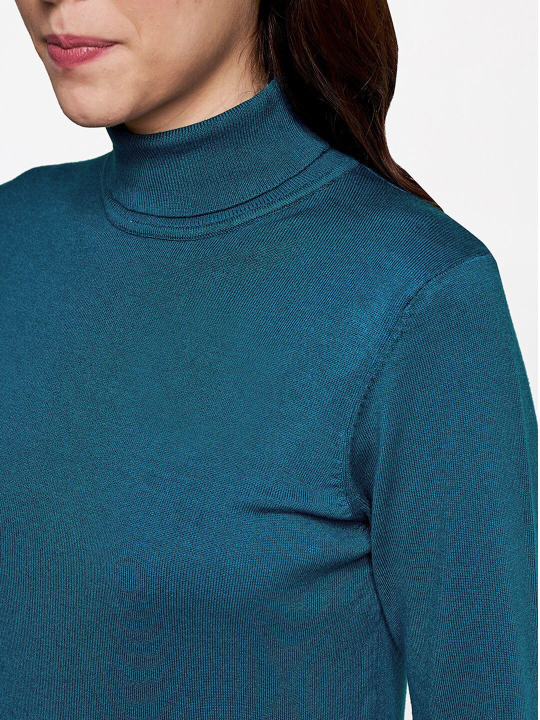 AND Teal Solid Turtle Neck Regular Top