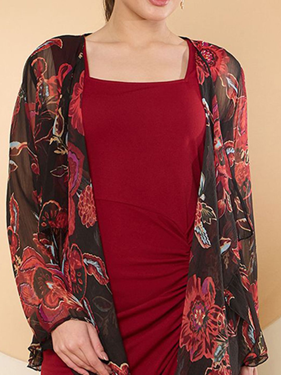 Antheaa Maroon Square Neck Bodycon Midi Dress With Shrug
