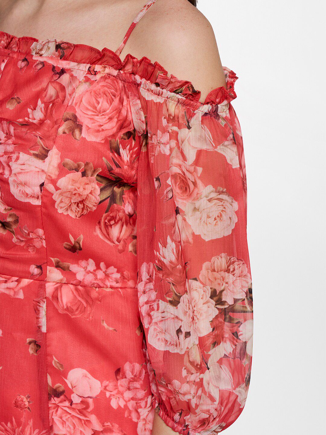 AND Floral Printed Puff Sleeves Bardot Top