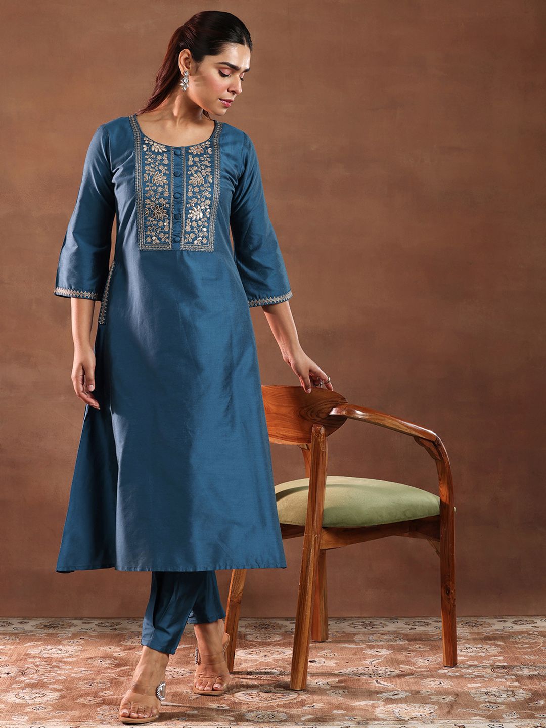 Libas Floral Yoke Design Sequinned Straight Kurta With Trouser
