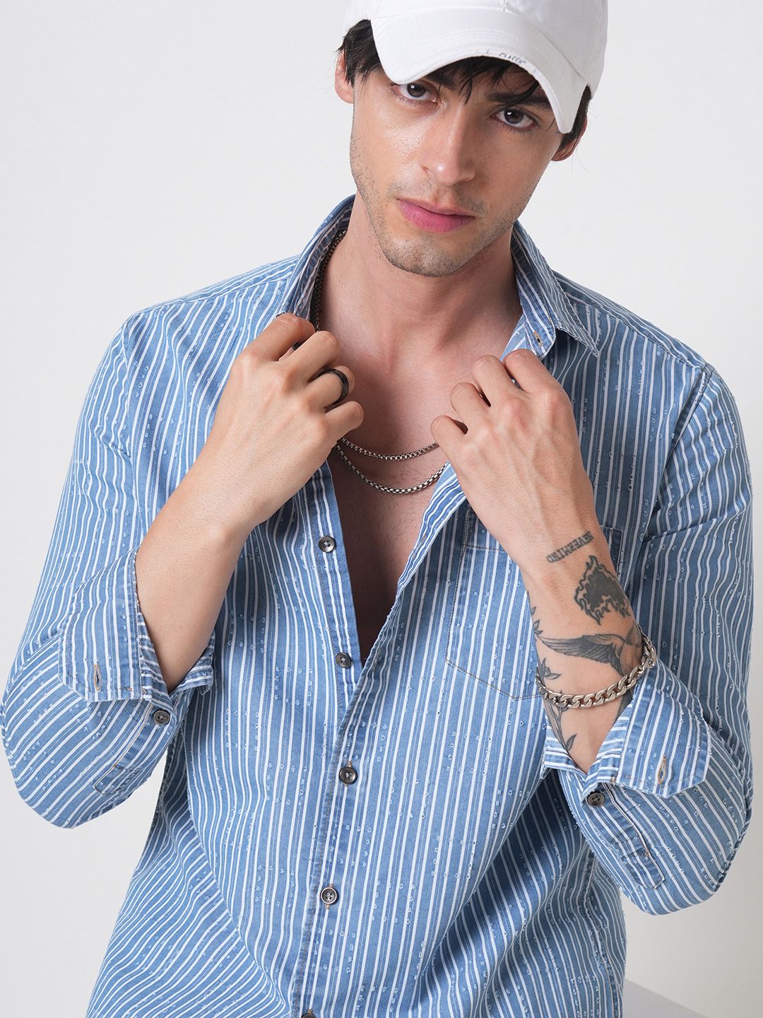 VASTRADO Men Classic Spread Collar Vertical Striped Pure Cotton Casual Shirt