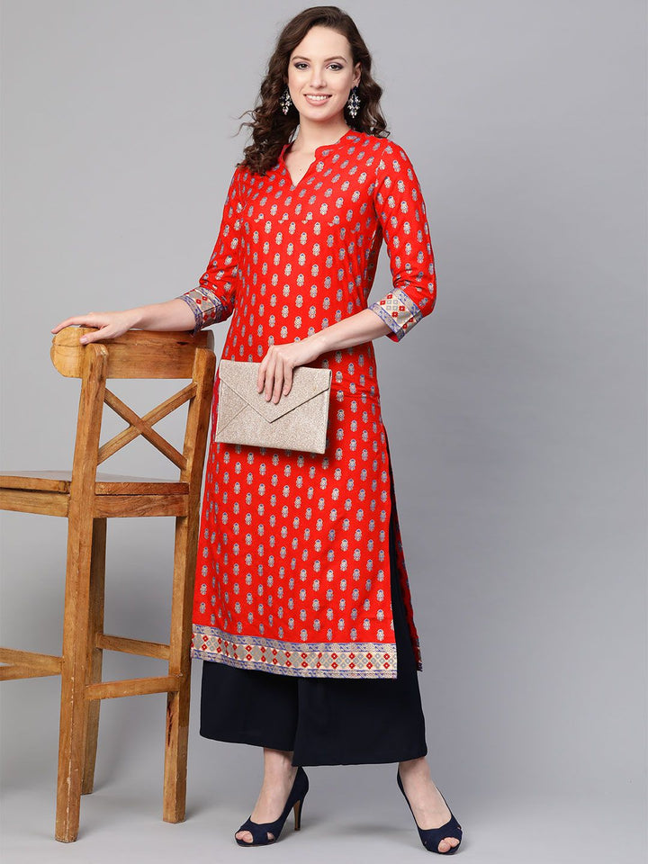 SOJANYA Wanita Merah & Biru Cetakan Kerajang Kurta Lurus