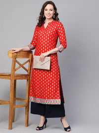 SOJANYA Wanita Merah & Biru Cetakan Kerajang Kurta Lurus