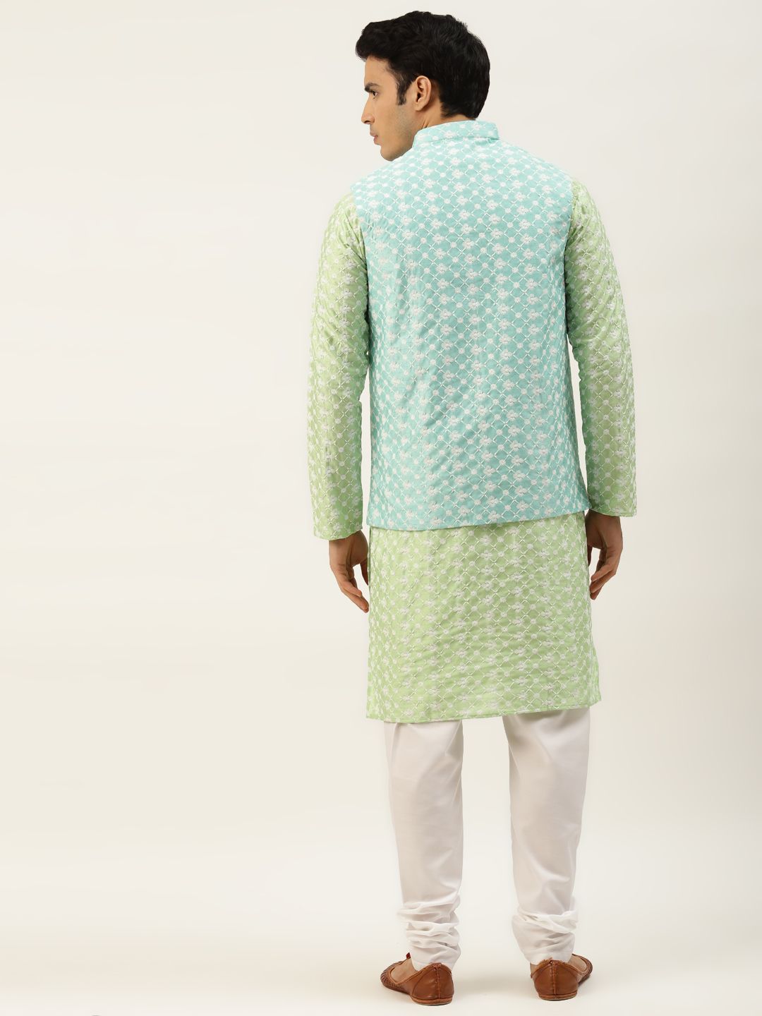 SOJANYA Lelaki Motif Etnik Biru & Hijau Kurta Sulam Churidar