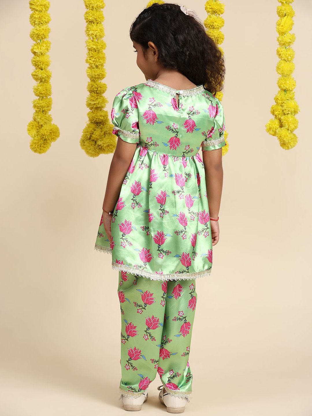Cutiekins Girls Floral Printed V-Neck Gotta Patti Empire Anarkali Kurti with Dhoti Pants