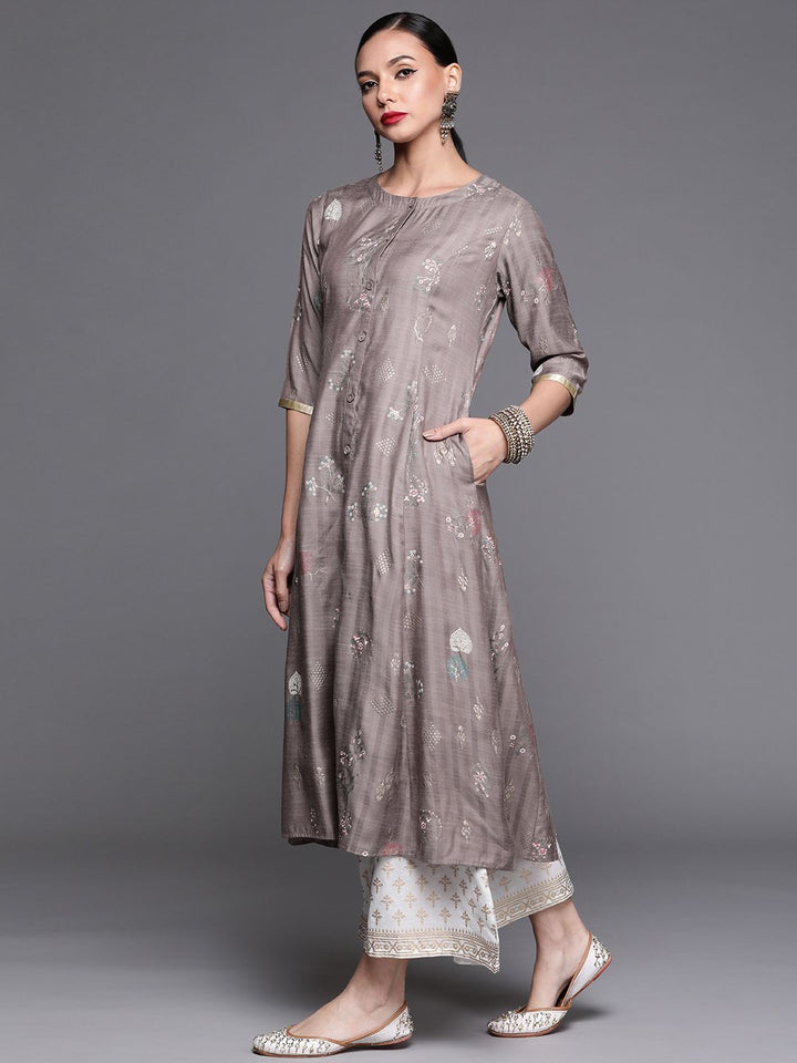 Libas Women Grey & Golden Floral Motifs Printed A-line Kurta with Pocket