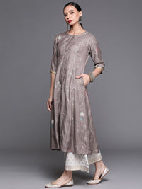 Libas Women Grey & Golden Floral Motifs Printed A-line Kurta with Pocket