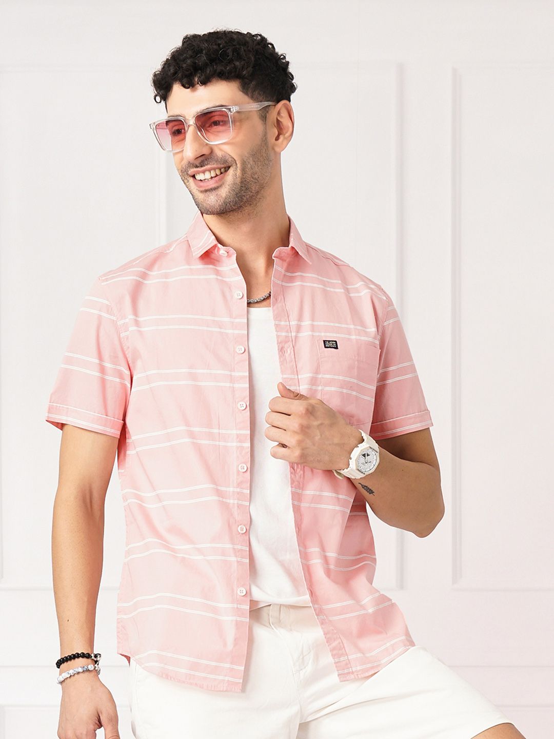 The Indian Garage Co Men Peach-Coloured & White Horizontal Striped Cotton Casual Shirt