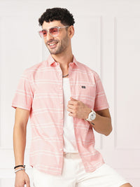 The Indian Garage Co Men Peach-Coloured & White Horizontal Striped Cotton Casual Shirt