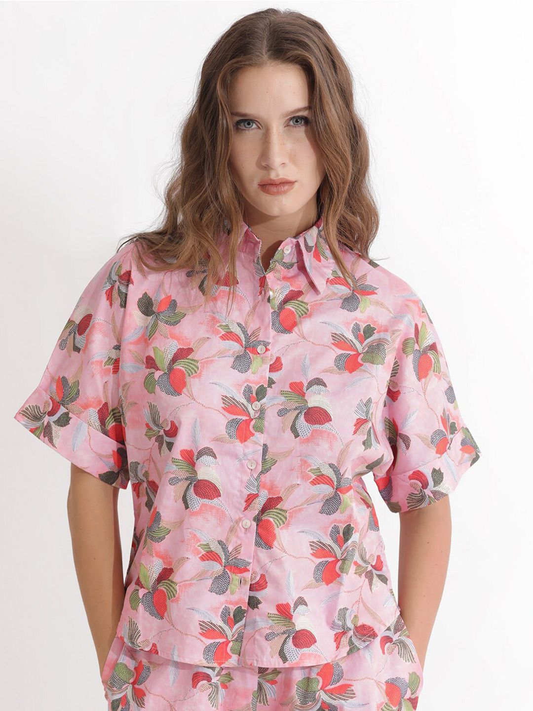 RAREISM Floral Printed Shirt Styled Cotton Top