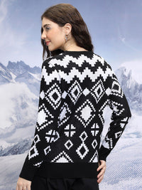 Tokyo Talkies Black Geometric Printed Acrylic Pullover Sweater