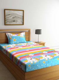 KLOTTHE Turquoise Blue & Yellow Cartoon Characters 210 TC Single Bedsheet with 1 Pillow Covers