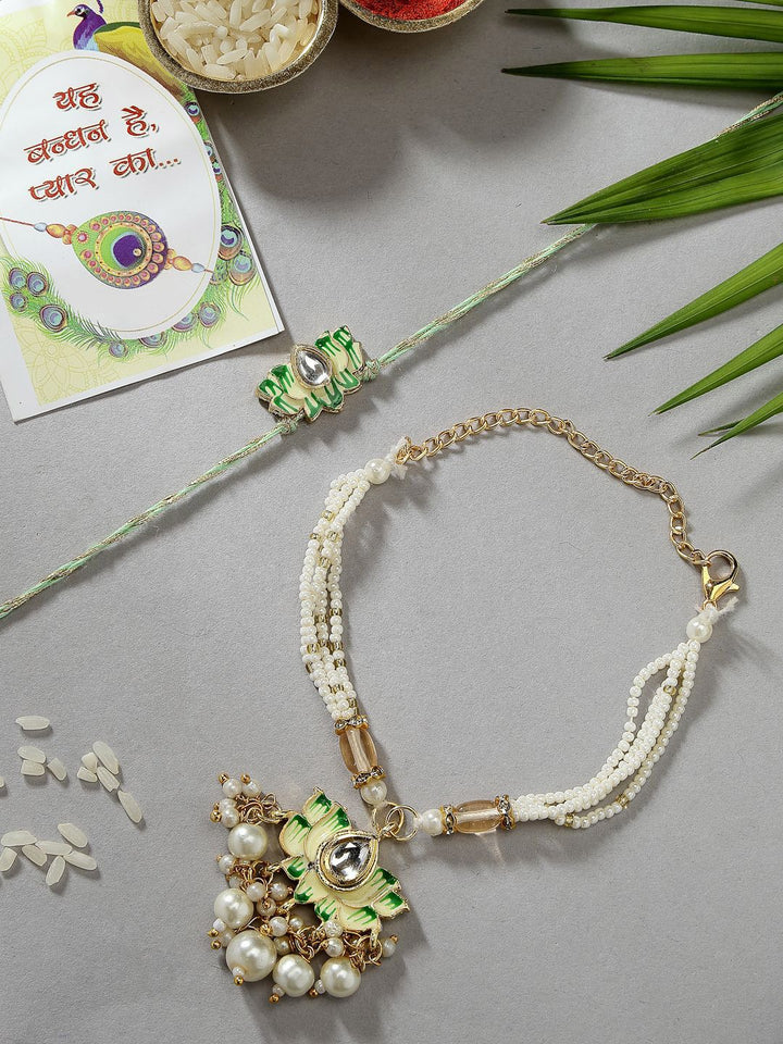 NVR Set of 2 Kundan-Studded & Beaded Wraparound Rakhis With Roli Chawal