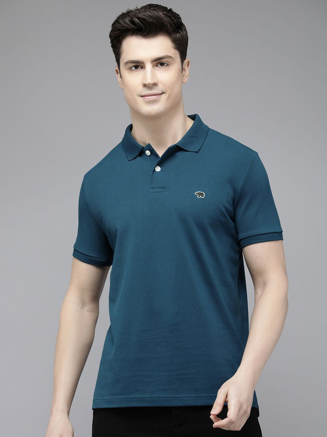 THE BEAR HOUSE Men Blue Polo Collar Applique Slim Fit T-shirt