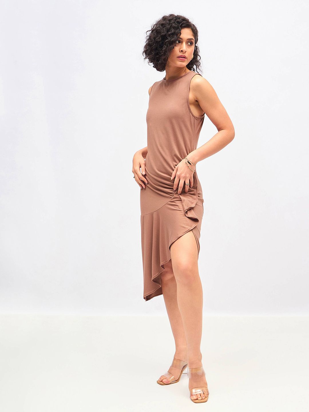 SASSAFRAS Brown Ruffled Asymmetric Sheath Midi Dress