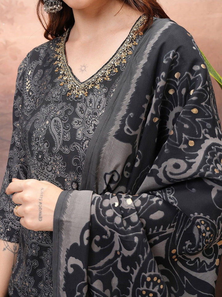 Vishudh Black Paisley Printed Sequinned Straight Kurta With Trousers & Dupatta