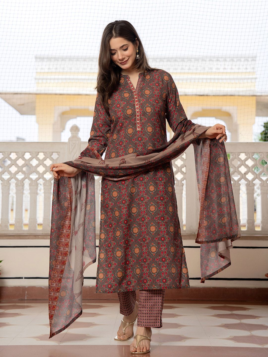 KALINI Floral Printed Sequinned Straight Kurta With Trousers & Dupatta