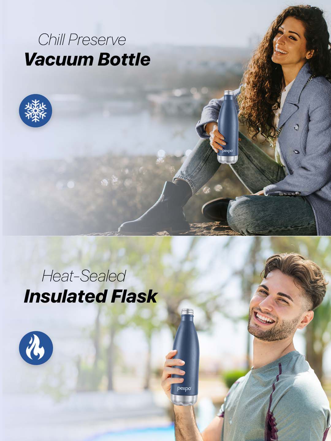 Pexpo Electro Denim Blue Thermosteel ISI Certified 24 Hrs Hot Flask Water Bottle 1000ml
