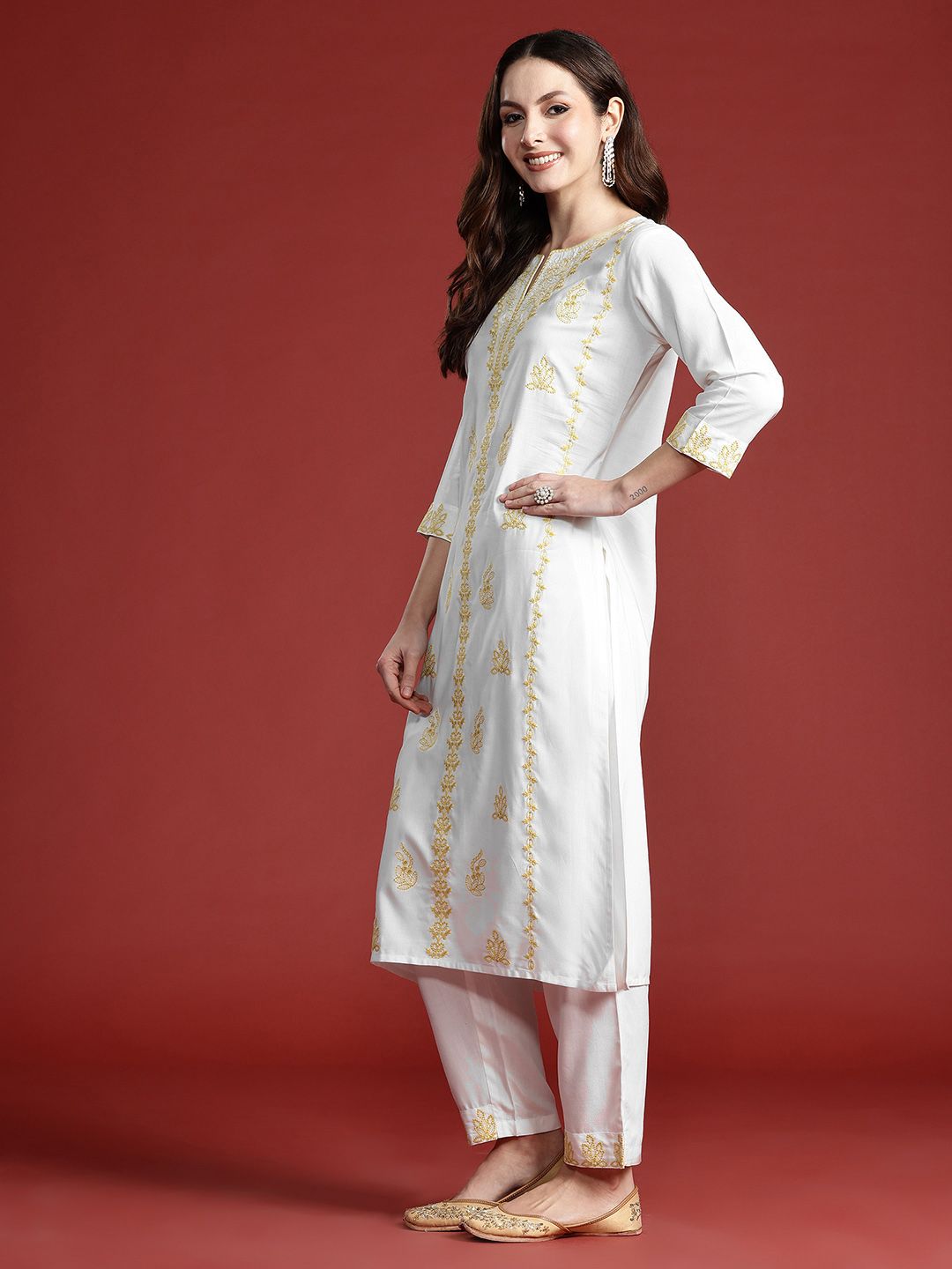 Indo Era Women Floral Embroidered Thread Work Kurta with Trousers