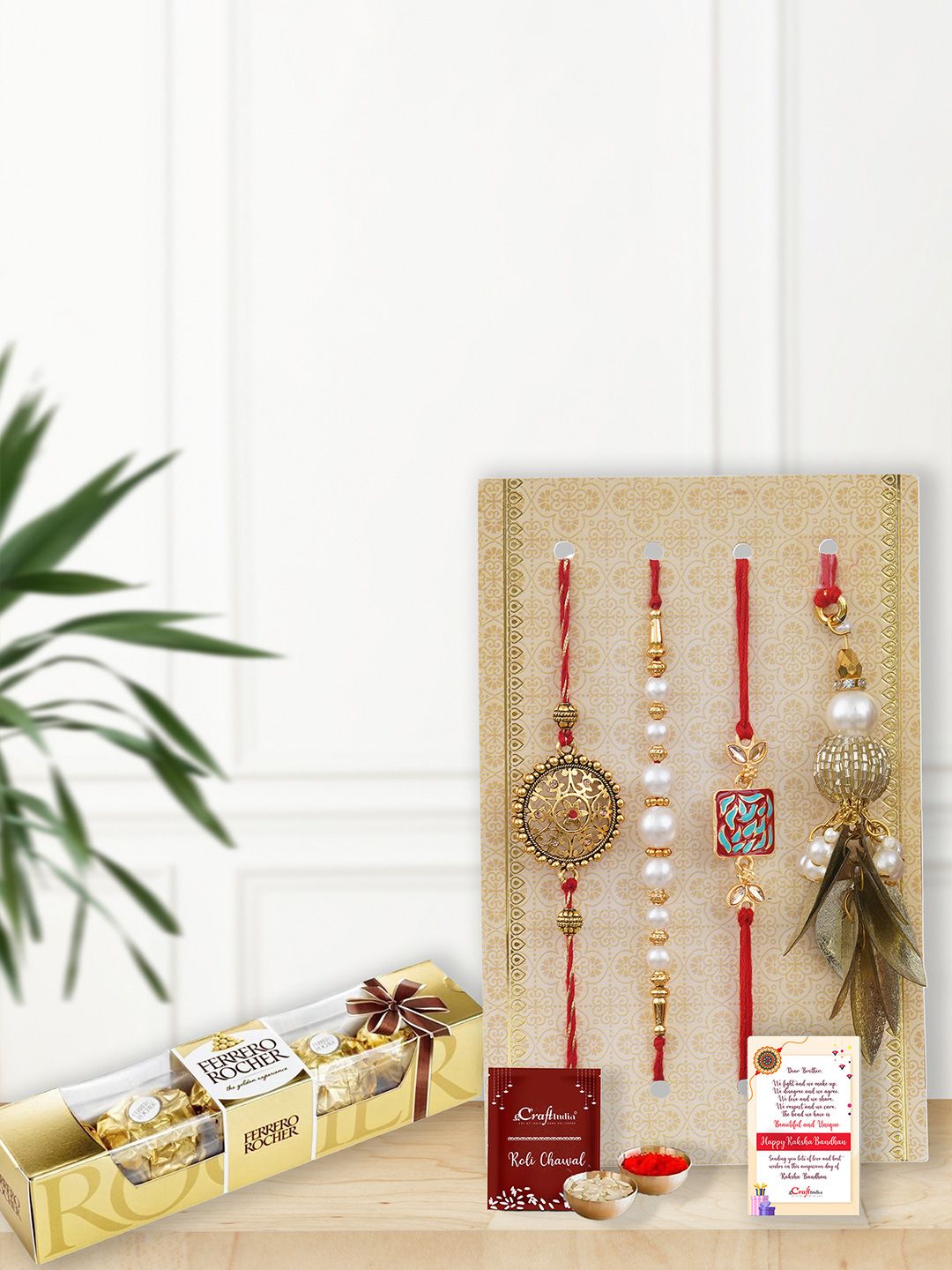 Ecraftindia Set 4 Floral & Diamonds Lumba Pereka Rakhis dengan Ferrero Rocher