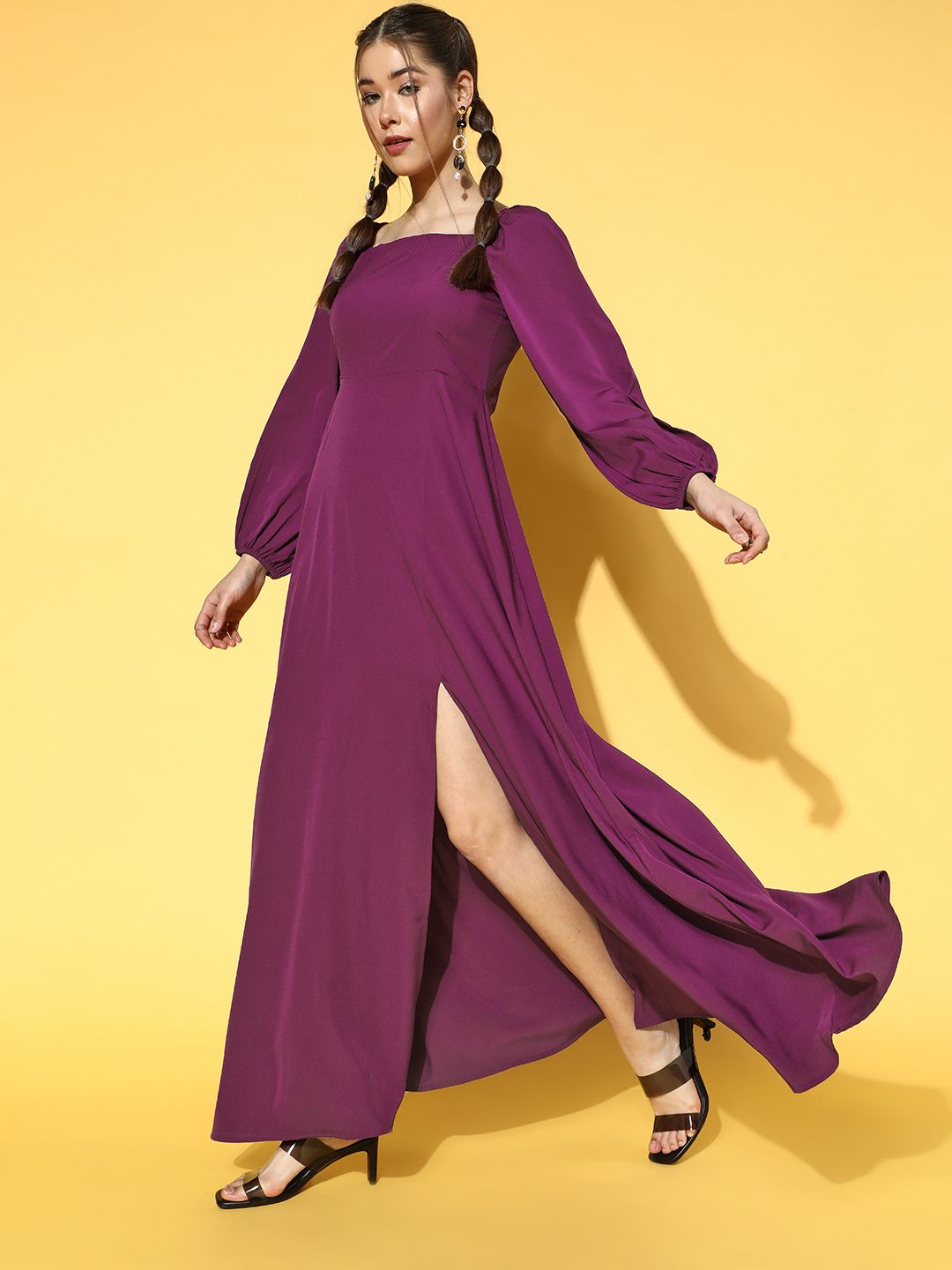 Berrylush Women Charming Purple Solid Puff Sleeves Dress