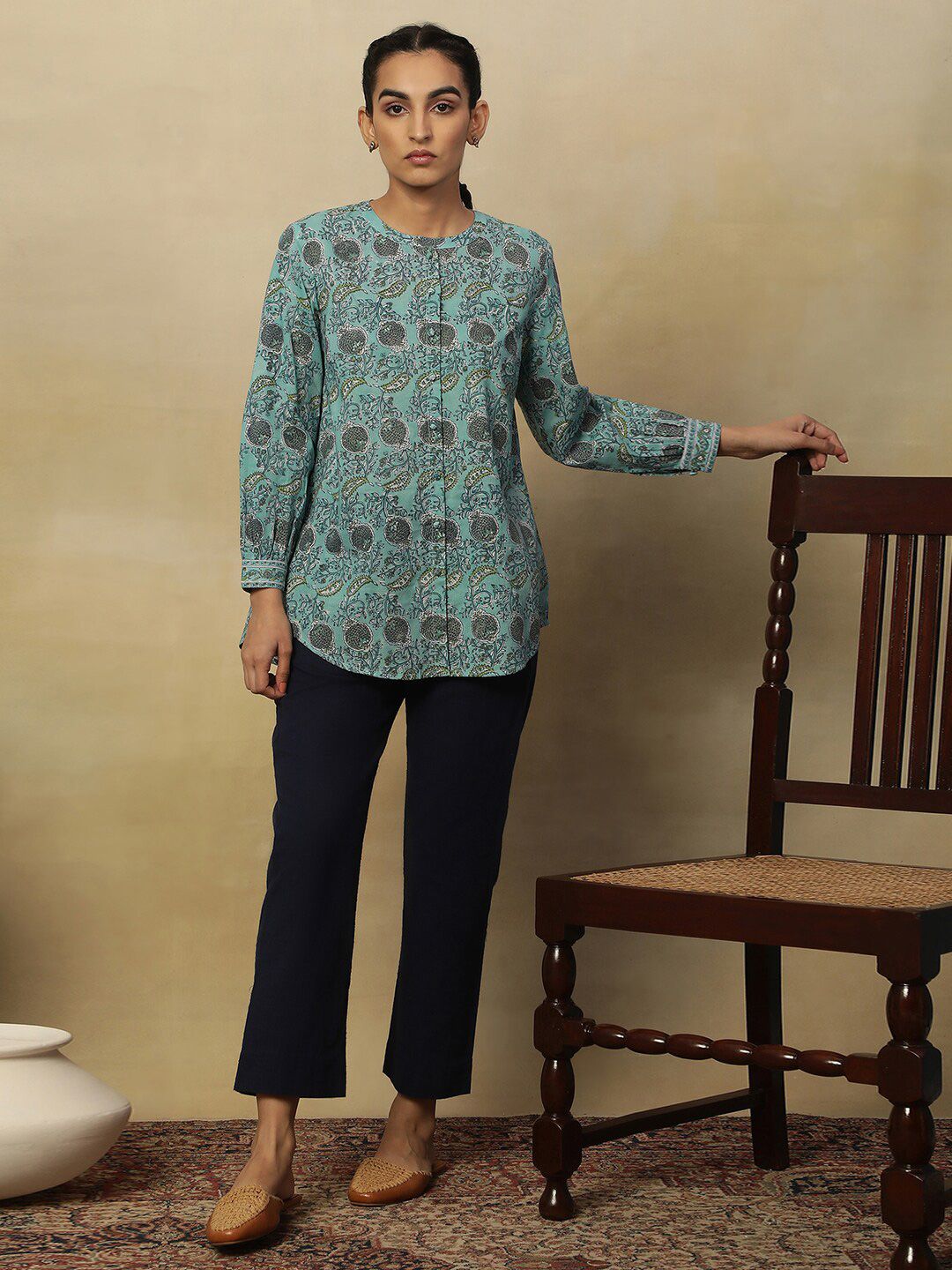 W Blue Floral Printed Mandarin Collar Shirt Style Cotton Top