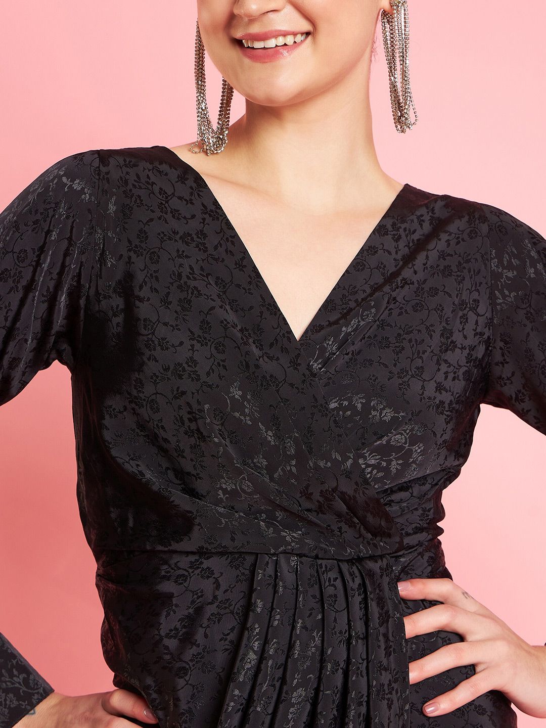 Antheaa Black Self Designed Wrap Midi Dress