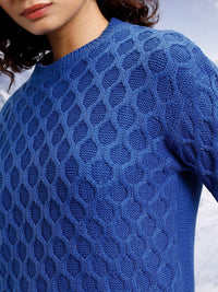 Tokyo Talkies Blue Open Knit Self Design Acrylic Pullover Sweater