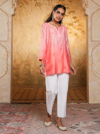 House of Chikankari Women Peach Chanderi Chikankari Embroidered Kurti