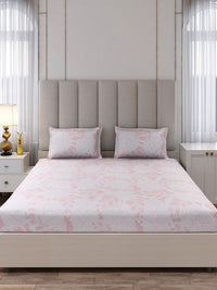 Monte Carlo Peach-Coloured & White Floral Printed 130 TC King Bedsheet Set 2.75 m x 2.75 m