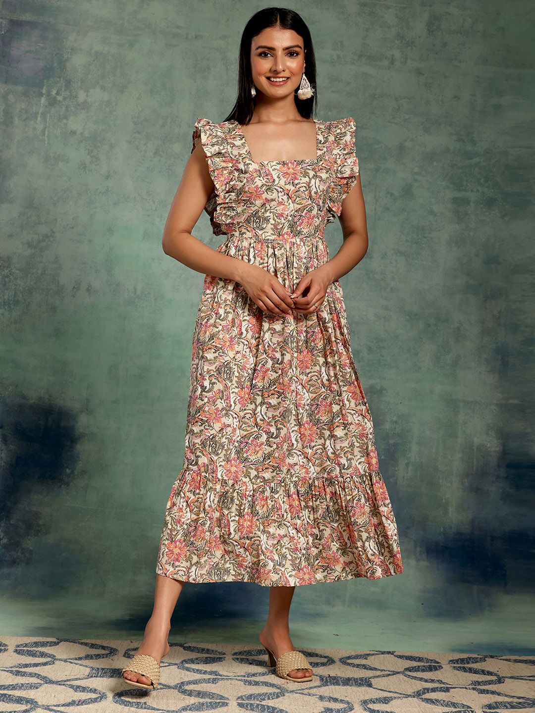 Libas White Floral Printed Flutter Sleeve Gathered Empire Cotton Midi Dress