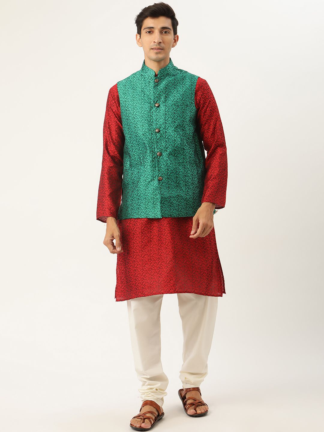 SOJANYA Men Maroon Jacquard Silk Kurta with Churidar & Nehru Jacket